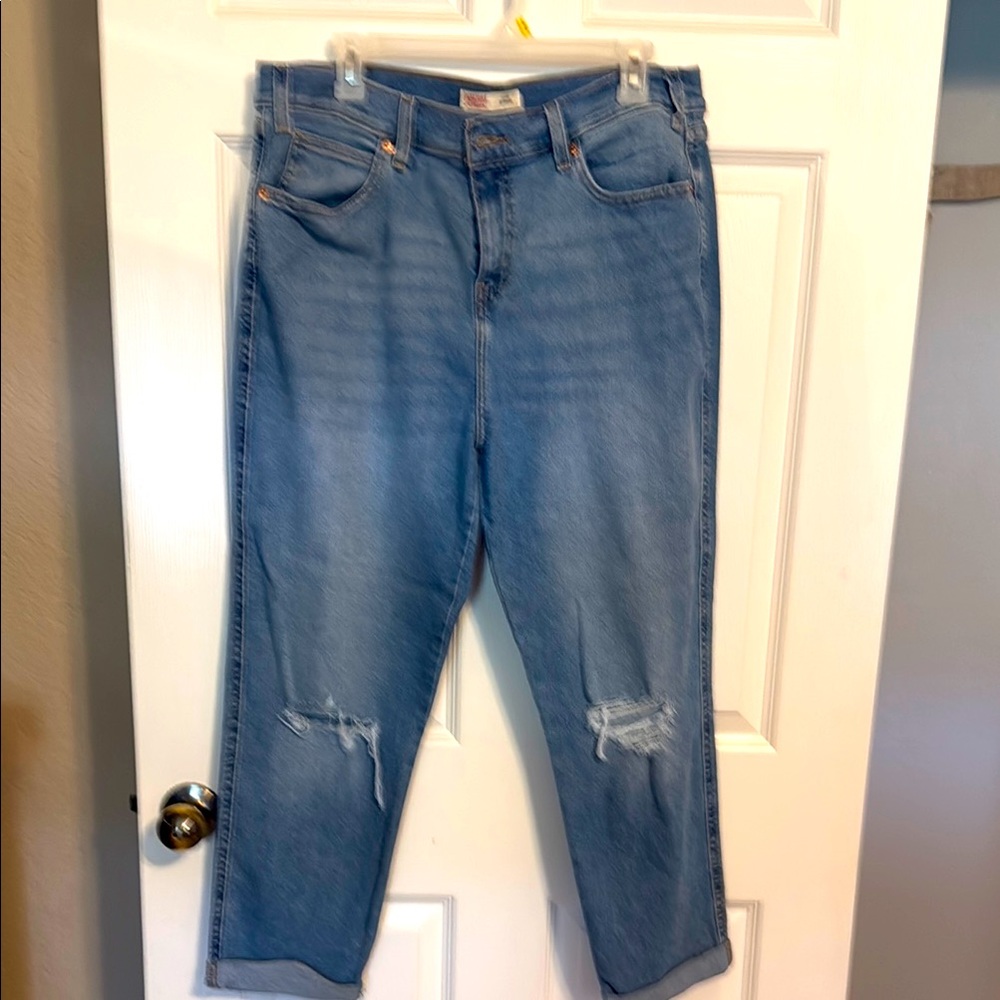 Signature Levi Blue Straight Leg Jeans with Distressed Details